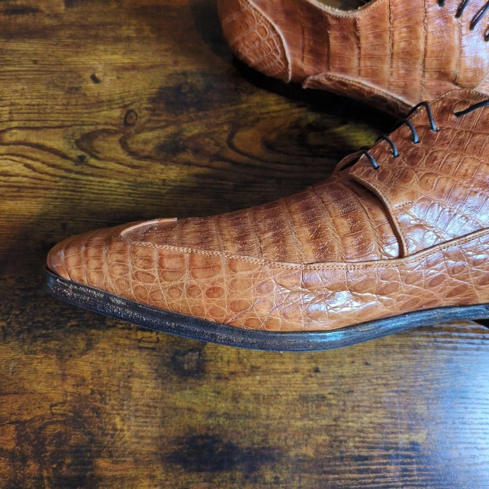 DU Mauri Cognac Alligator Skin Textured Leather Made in Italy Shoes Topy Sole